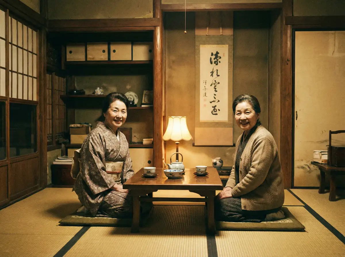 两位优雅的 女教授的魅力 在日式茶室中品茶交谈